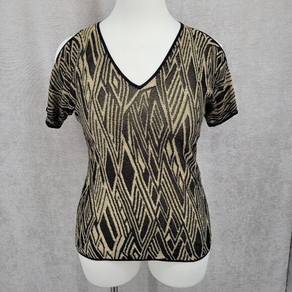 Lauren Ralph Lauren Gold and Black Knit Vneck Cold Shoulder Short Sleeve Top - Picture 2 of 9